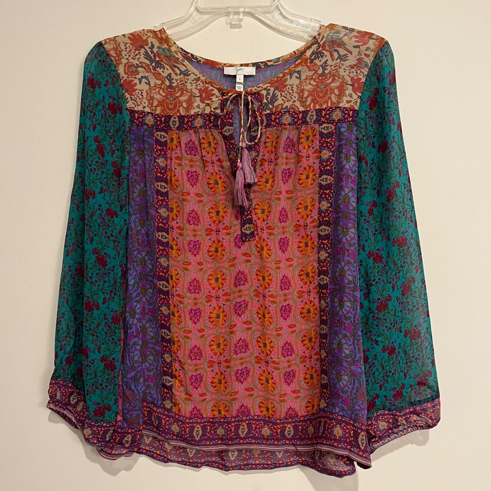 Joie Blouse Top 100% Silk Katja Shirt Mixed Print Floral Sheer Small Boho